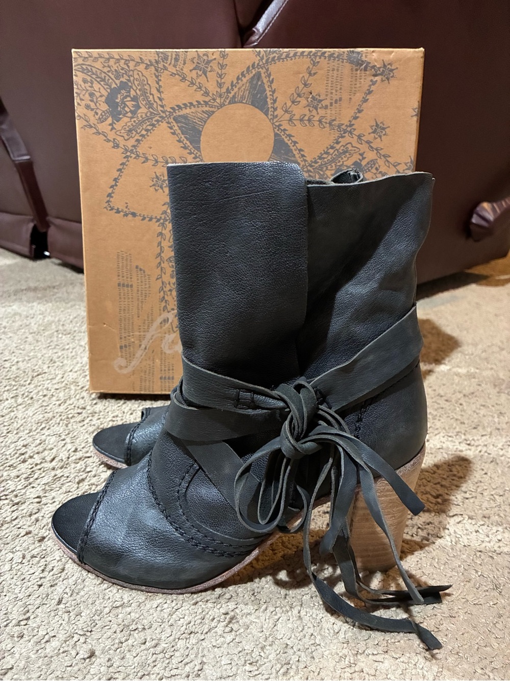 Free People Daydream Heel Peep Open Toe Bootie Size 38 Black Leather Ankle Wrap